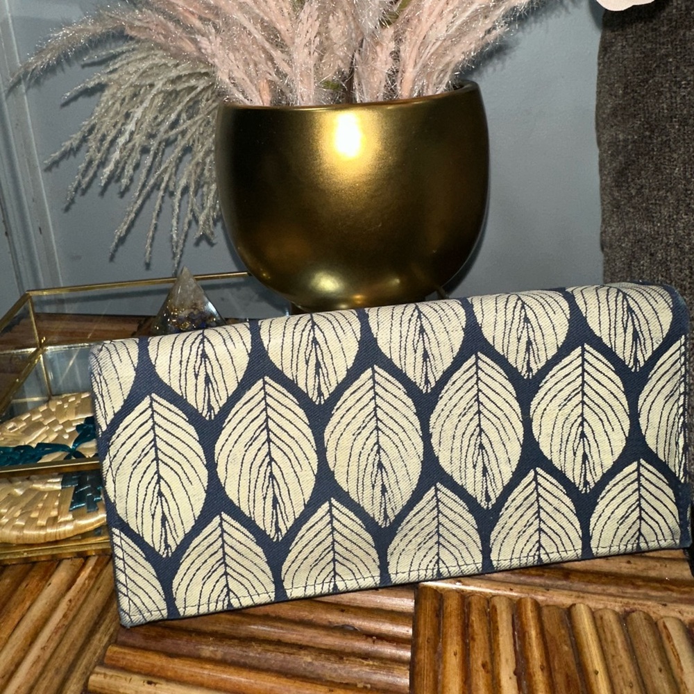 Leaf-Print Foldover Wallet in Navy and Cream